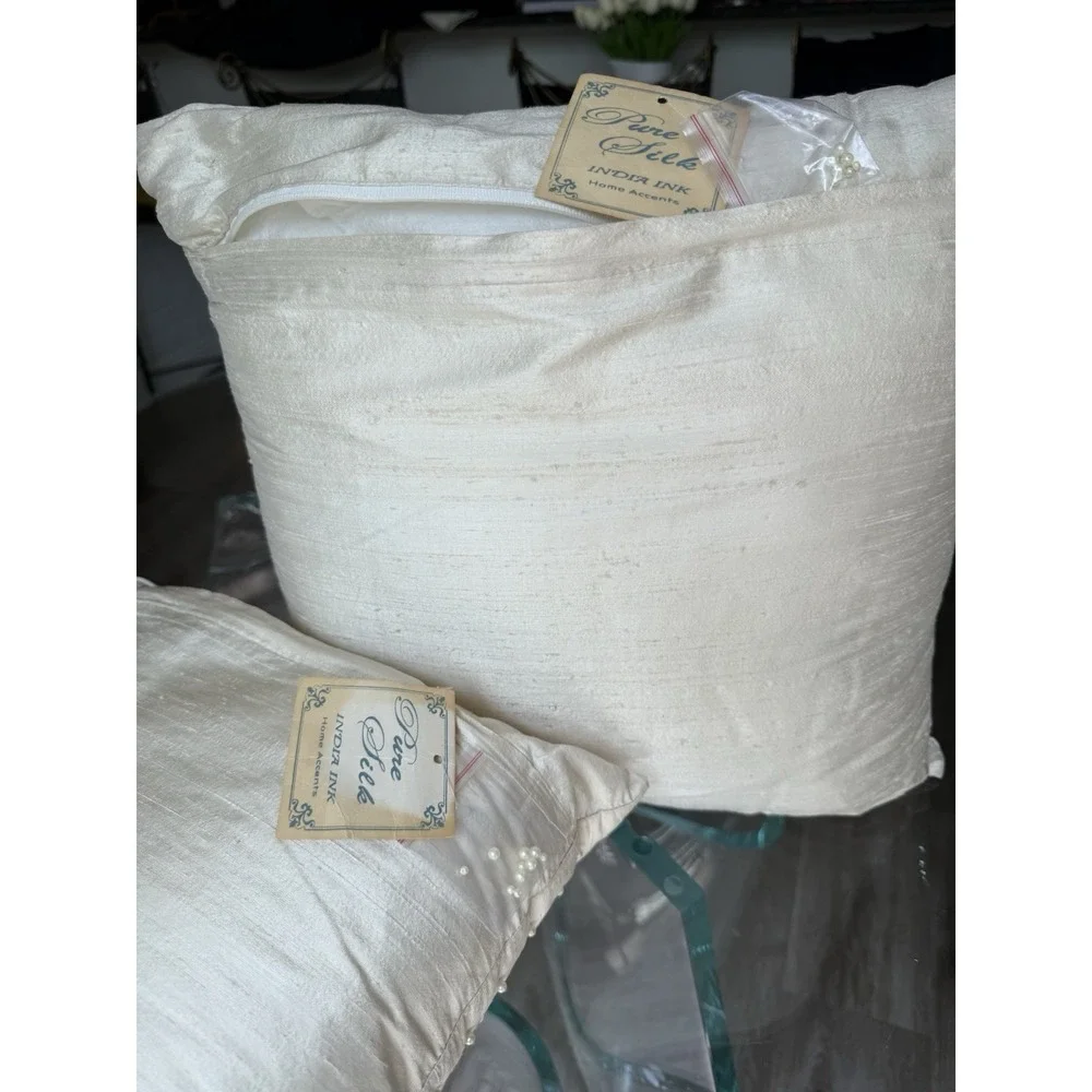 Pure Silk India Ink Pearl Throw Pillow Set of 2 Ivory Cream Bridal Baby Romantic